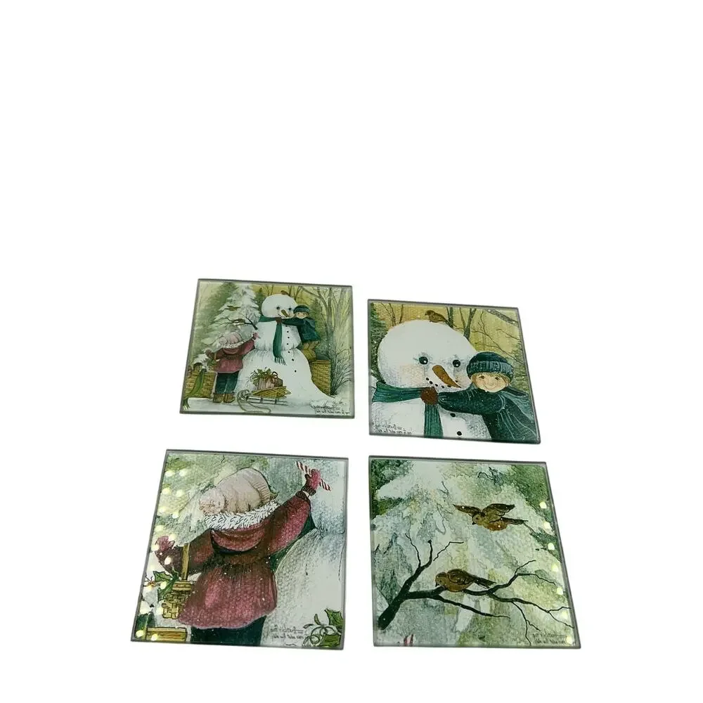 Vintage Pat Richter Winter Snowman Cardinal Print‎ Handmade Glass Coasters Set 4